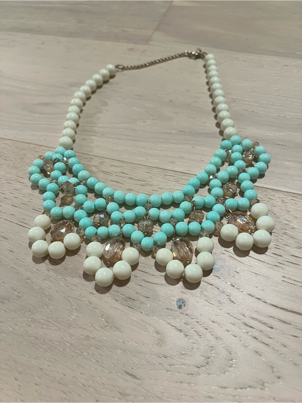 Aqua & Cream Beaded Statement Necklace with Gold Accents - Women Jewelry